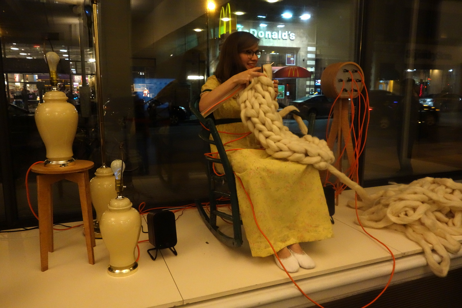 Living Room by Kate Godwin and Patrick Stoica An interactive musical "living room" where the rocking of the chair, the lamps, and the oversized felting needles all provide input to the final beat.